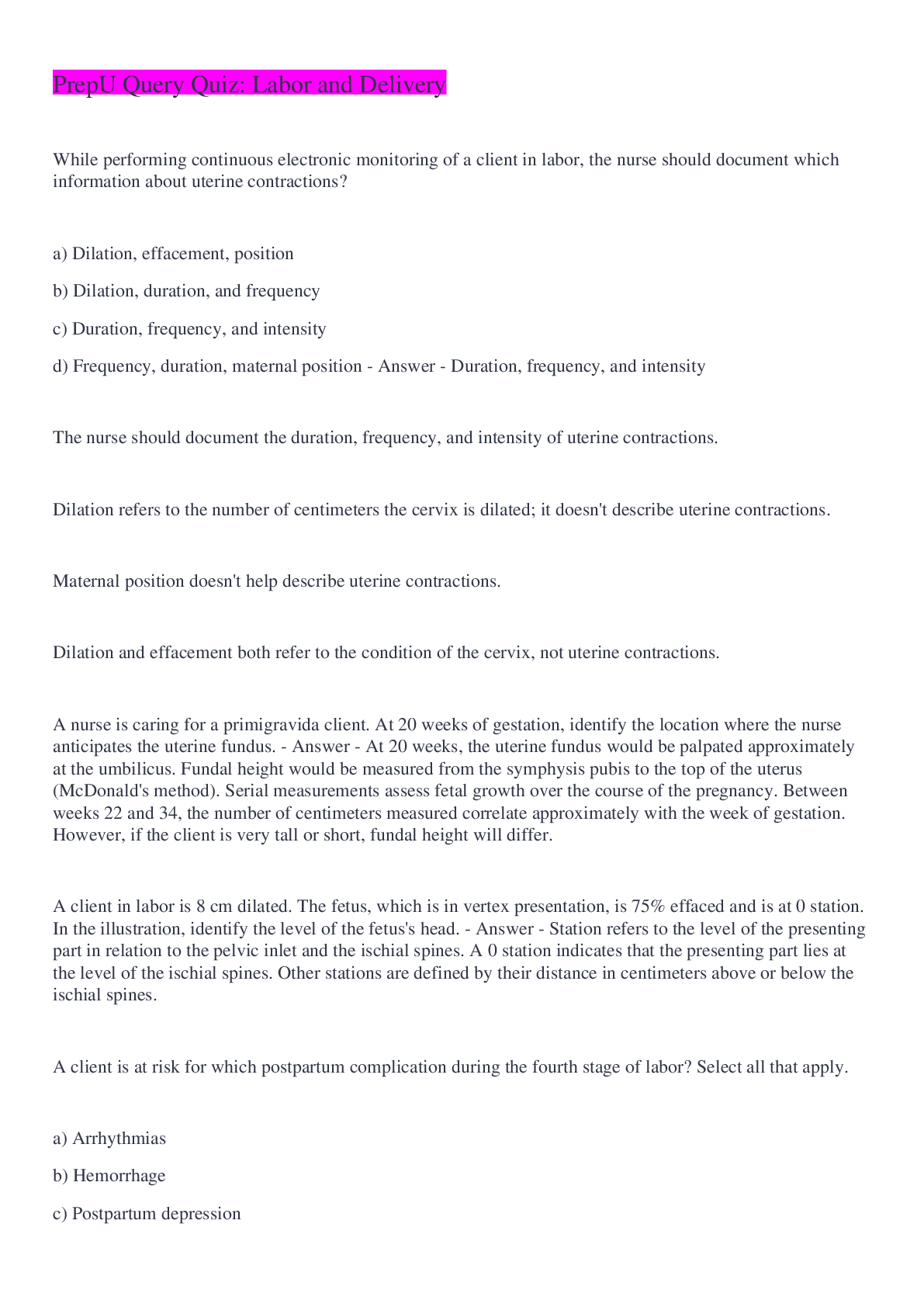 PrepU Query Quiz Labor and Delivery Questions And Answers 2022/2023